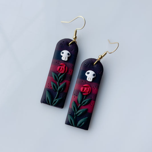 DARK GOTHIC ROSE SKULL TALL ARCH EARRINGS