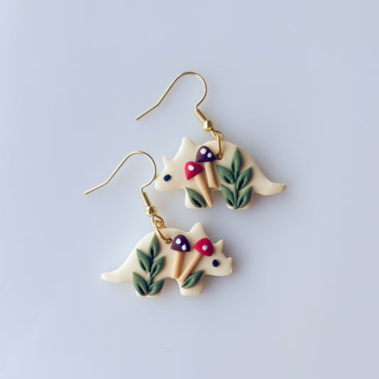 RED MUSHROOM DINO EARRINGS (TRICERATOPS)