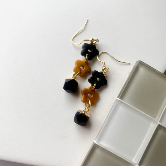 BLACK AND GOLD FLOWER DROP EARRINGS