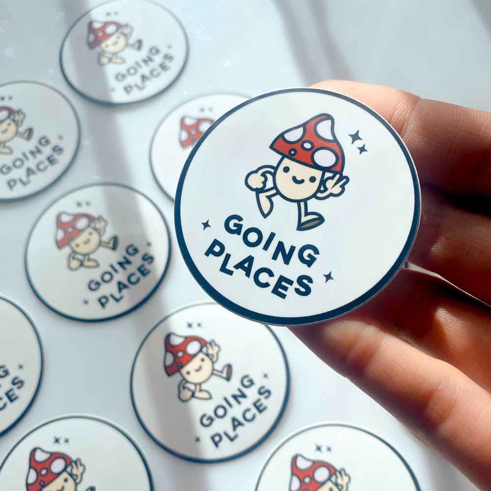 'GOING PLACES' HAPPY MUSHROOM STICKER